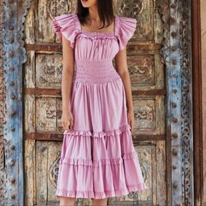 Charina Sarte Rosas Smocked Midi Dress Poplin Cotton Lilac XS